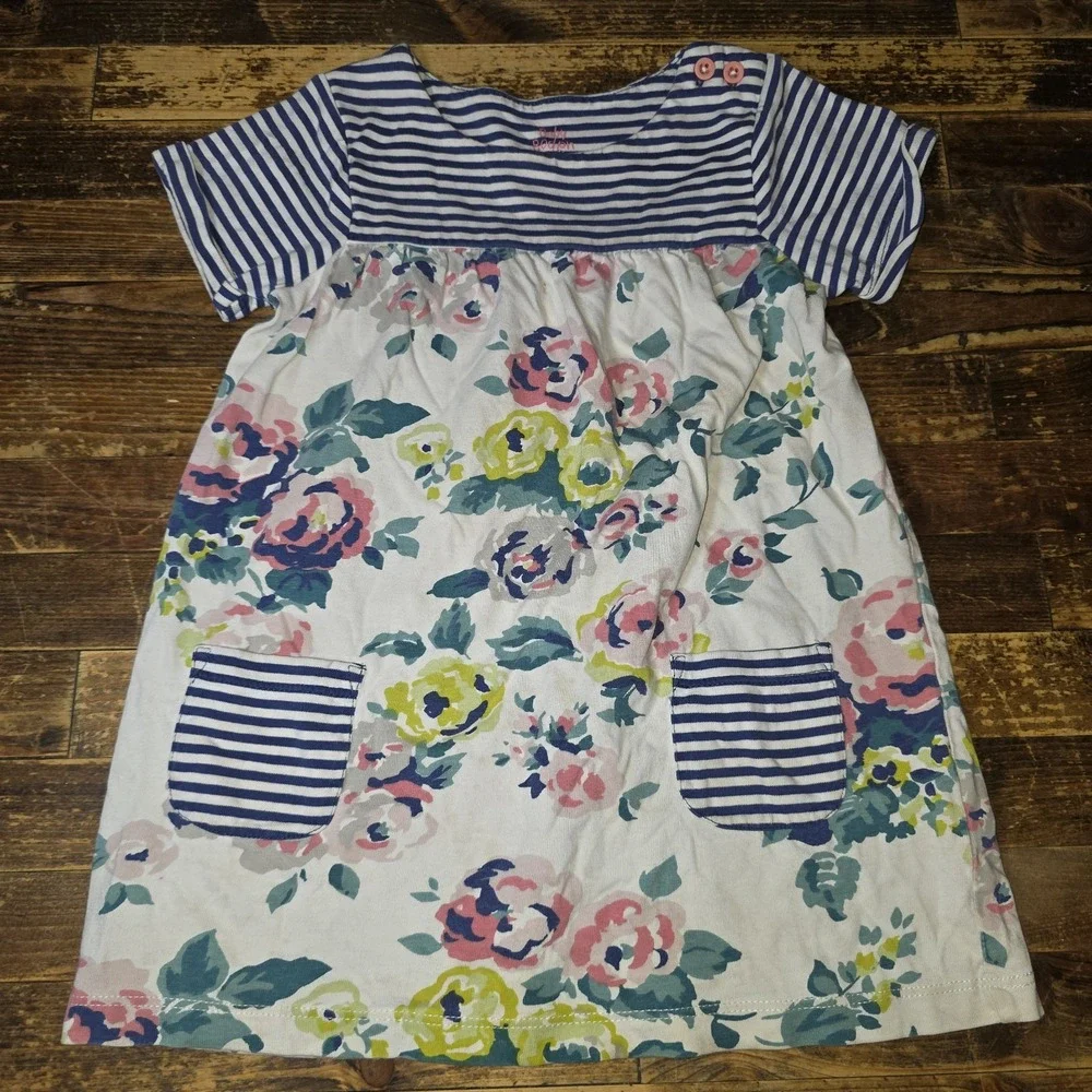 Baby Boden Little Girl Dress Size 18-24 Month Blue Stripes & Florals Pockets